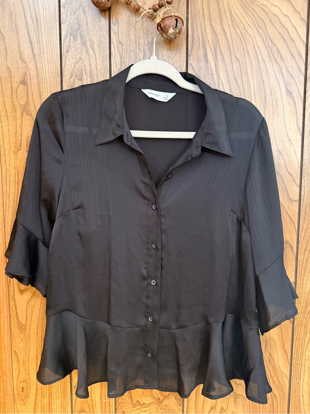 Nine West Black Sheer Ruffle Peplum Blouse Built In Cami Women’s M